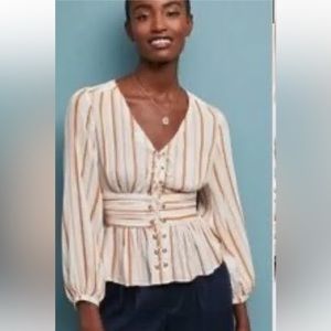 Feather Bone Tops Feather Bone Latrobe Yellow White Striped Grommet Tie Blouse